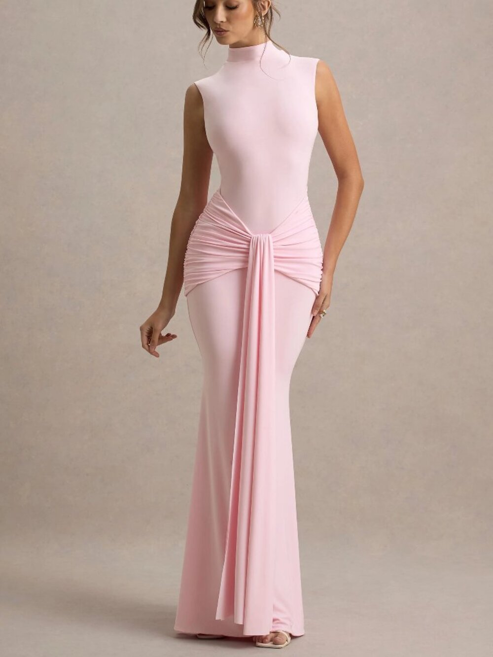 Club London Pink High-Neck Gathered Draped Womens Maxi Dress Size 2